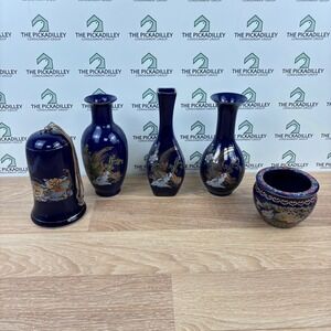 5pc Chinese Cobalt Blue Porcelain Set Vases Bell Bowl Gilt Bird Crane Pheasant